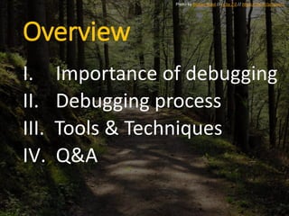 Overview
I. Importance of debugging
II. Debugging process
III. Tools & Techniques
IV. Q&A
Photo by Roman Boed // cc by 2.0 // https://flic.kr/p/ngwcf1
 