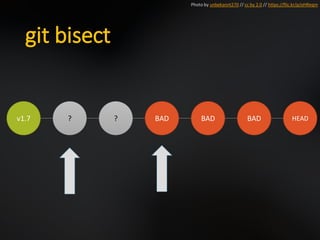 git bisect
v1.7 ? ? BAD BAD BAD HEAD
Photo by unbekannt270 // cc by 2.0 // https://flic.kr/p/oHReqm
 