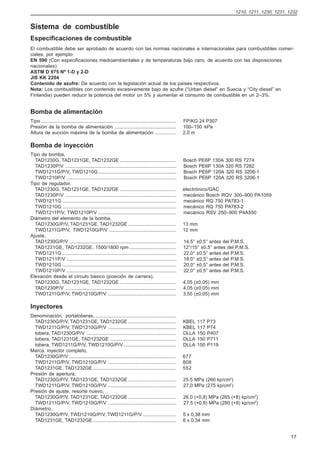 1210, 1211, 1230, 1231, 1232


Sistema de combustible
Especificaciones de combustible
El combustible debe ser aprobado de acuerdo con las normas nacionales e internacionales para combustibles comer-
ciales, por ejemplo:
EN 590 (Con especificaciones medioambientales y de temperaturas bajo cero, de acuerdo con las disposiciones
nacionales)
ASTM D 975 Nº 1-D y 2-D
JIS KK 2204
Contenido de azufre: De acuerdo con la legislación actual de los países respectivos.
Nota: Los combustibles con contenido excesivamente bajo de azufre (“Urban diesel” en Suecia y “City diesel” en
Finlandia) pueden reducir la potencia del motor un 5% y aumentar el consumo de combustible en un 2–3%.


Bomba de alimentación
Tipo ....................................................................................................   FP/KG 24 P307
Presión de la bomba de alimentación .............................................                           100–150 kPa
Altura de succión máxima de la bomba de alimentación ...............                                        2,0 m

Bomba de inyección
Tipo de bomba,
  TAD1230G, TAD1231GE, TAD1232GE .........................................                                  Bosch PE6P 130A 300 RS 7274
  TAD1230P/V ..................................................................................             Bosch PE6P 130A 320 RS 7282
  TWD1211G/P/V, TWD1210G .........................................................                          Bosch PE6P 120A 320 RS 3206-1
  TWD1210P/V .................................................................................              Bosch PE6P 120A 320 RS 3206-1
Tipo de regulador,
  TAD1230G, TAD1231GE, TAD1232GE .........................................                                  electrónico/GAC
  TAD1230P/V ..................................................................................             mecánico Bosch RQV 300–900 PA1059
  TWD1211G ....................................................................................             mecánico RQ 750 PA783-1
  TWD1210G ....................................................................................             mecánico RQ 750 PA783-2
  TWD1211P/V, TWD1210P/V .........................................................                          mecánico RSV 250–900 P4A550
Diámetro del elemento de la bomba,
  TAD1230G/P/V, TAD1231GE, TAD1232GE ...................................                                    13 mm
  TWD1211G/P/V, TWD1210G/P/V .................................................                              12 mm
Ajuste,
  TAD1230G/P/V ...............................................................................              14,5° ±0,5° antes del P.M.S.
  TAD1231GE, TAD1232GE, 1500/1800 rpm ..................................                                    12°/15° ±0,5° antes del P.M.S.
  TWD1211G ....................................................................................             22,0° ±0,5° antes del P.M.S.
  TWD1211P/V .................................................................................              18,0° ±0,5° antes del P.M.S.
  TWD1210G ....................................................................................             20,0° ±0,5° antes del P.M.S.
  TWD1210P/V .................................................................................              22,0° ±0,5° antes del P.M.S.
Elevación desde el círculo básico (posición de carrera),
  TAD1230G, TAD1231GE, TAD1232GE .........................................                                  4,05 (±0,05) mm
  TAD1230P/V ..................................................................................             4,05 (±0,05) mm
  TWD1211G/P/V, TWD1210G/P/V ..................................................                             3,55 (±0,05) mm

Inyectores
Denominación, portatoberas, ...........................................................
  TAD1230G/P/V, TAD1231GE, TAD1232GE ...................................                                    KBEL   117   P73
  TWD1211G/P/V, TWD1210G/P/V ..................................................                             KBEL   117   P74
  tobera, TAD1230G/P/V ..................................................................                   DLLA   150   P407
  tobera, TAD1231GE, TAD1232GE ................................................                             DLLA   150   P711
  tobera, TWD1211G/P/V, TWD1210G/P/V ......................................                                 DLLA   150   P119
Marca, inyector completo,
  TAD1230G/P/V ...............................................................................              677
  TWD1211G/P/V, TWD1210G/P/V ..................................................                             808
  TAD1231GE, TAD1232GE .............................................................                        552
Presión de apertura,
  TAD1230G/P/V, TAD1231GE, TAD1232GE ...................................                                    25,5 MPa (260 kp/cm2)
  TWD1211G/P/V, TWD1210G/P/V ..................................................                             27,0 MPa (275 kp/cm2)
Presión de ajuste, resorte nuevo,
  TAD1230G/P/V, TAD1231GE, TAD1232GE ...................................                                    26,0 (+0,8) MPa (265 (+8) kp/cm2)
  TWD1211G/P/V, TWD1210G/P/V ..................................................                             27,5 (+0,8) MPa (280 (+8) kp/cm2)
Diámetro,
  TAD1230G/P/V, TWD1210G/P/V, TWD1211G/P/V ........................                                         5 x 0,38 mm
  TAD1231GE, TAD1232GE .............................................................                        6 x 0,34 mm


                                                                                                                                                             17
 