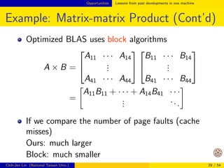 Opportunities Lessons from past developments in one machine 
Past Development on One Computer 
The problem now is we take many things for 
granted on one computer 
On one computer, have you ever worried about 
calculating the average of some numbers? 
Probably not. You can use Excel, statistical 
software (e.g., R and SAS), and many things else 
We seldom care internally how these tools work 
Can we go back to see the early development on 
one computer and learn some lessons/experiences? 
Chih-Jen Lin (National Taiwan Univ.) 23 / 54 
 