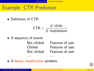 cation and clustering) in a complicated 
architecture (distributed system) 
But we are like at the time point before optimized 
BLAS was developed 
Chih-Jen Lin (National Taiwan Univ.) 31 / 54 
 