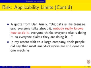 Opportunities Design of big-data algorithms 
Outline 
3 Opportunities 
Lessons from past developments in one machine 
Successful examples? 
Design of big-data algorithms 
Chih-Jen Lin (National Taiwan Univ.) 40 / 54 
 
