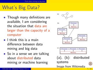 cation, clustering, and regression 
We also have good integrated tools for data mining 
(e.g., Weka, R, Scikit-learn) 
However, mining useful information remains dicult 
for some real-world applications 
Chih-Jen Lin (National Taiwan Univ.) 6 / 54 
 