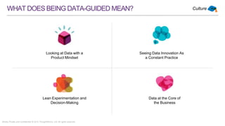 Strictly Private and Confidential © 2015 ThoughtWorks, Ltd. All rights reserved.
WHATDOESBEINGDATA-GUIDEDMEAN?
Looking at Data with a
Product Mindset
Seeing Data Innovation
As a Constant Practice
Lean Experimentation
and Decision-Making
Data at the Core
of the Business
Culture
 