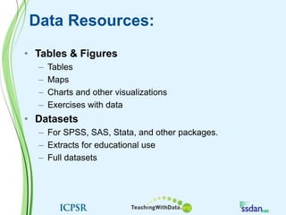 Data Resources:Tables & FiguresTablesMapsCharts and other visualizationsExercises with dataDatasetsFor SPSS, SAS, Stata, and other packages.Extracts for educational useFull datasets