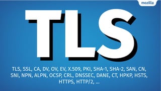 TLSTLSTLS, SSL, CA, DV, OV, EV, X.509, PKI, SHA-1, SHA-2, SAN, CN,
SNI, NPN, ALPN, OCSP, CRL, DNSSEC, DANE, CT, HPKP, HSTS,
HTTPS, HTTP/2, ...
 