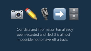 Our data and information has already
been recorded and filed. It is almost
impossible not to have left a track.
📷✏🎙➡🗄
 