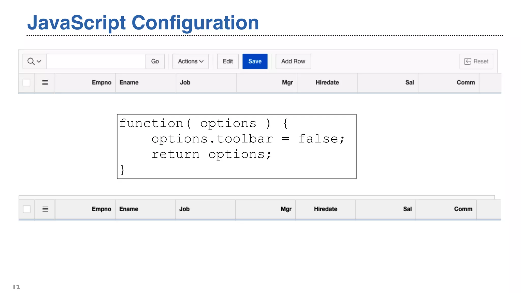JavaScript Conﬁguration
12
function( options ) {
options.toolbar = false;
return options;
}
 