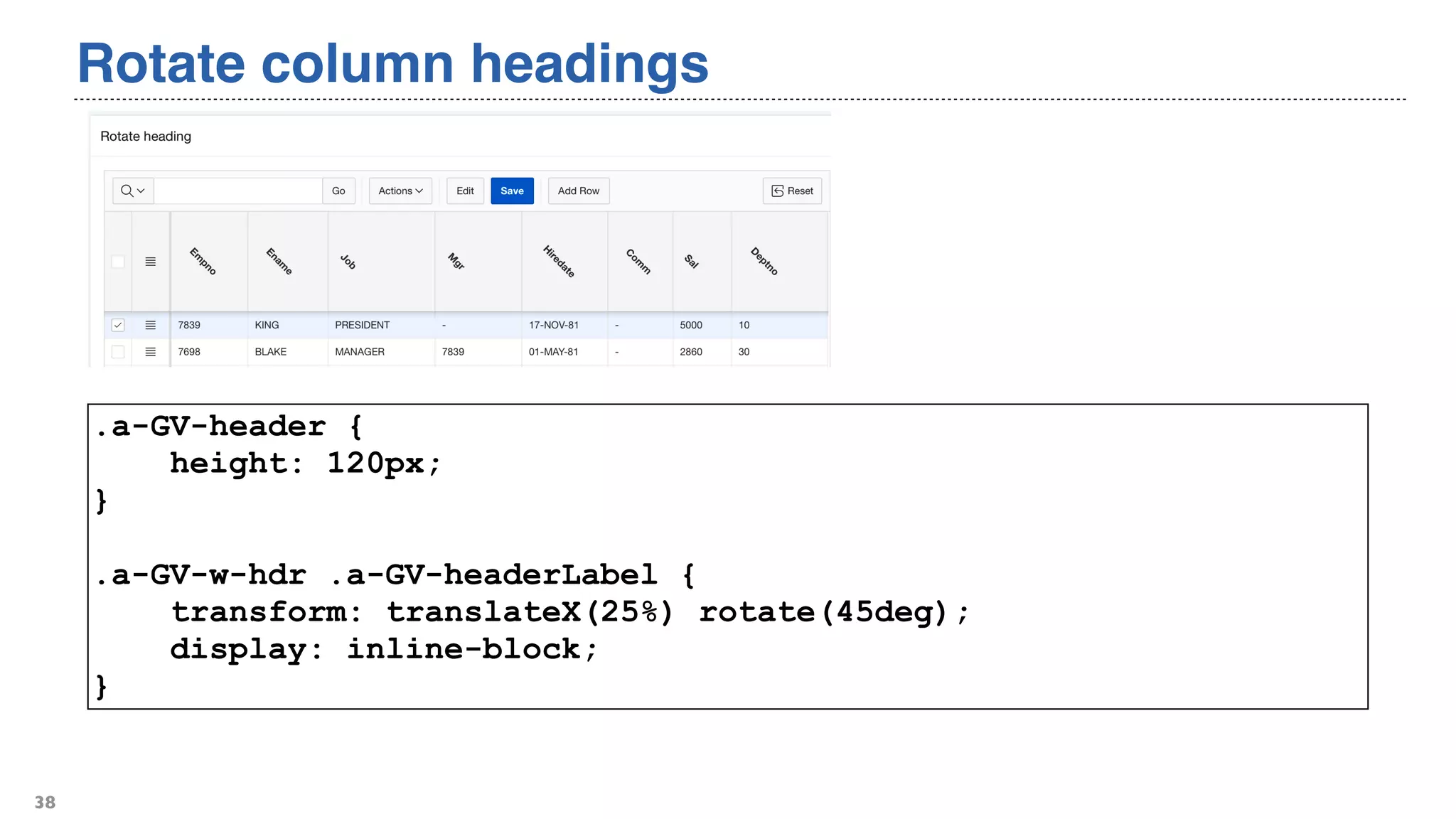 Rotate column headings
38
.a-GV-header {
height: 120px;
}
.a-GV-w-hdr .a-GV-headerLabel {
transform: translateX(25%) rotate(45deg);
display: inline-block;
}
 