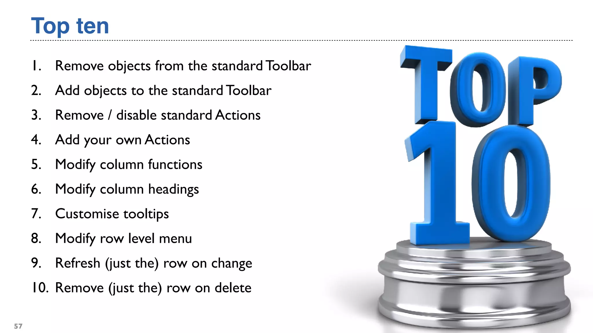 Top ten
1. Remove objects from the standard Toolbar
2. Add objects to the standard Toolbar
3. Remove / disable standard Actions
4. Add your own Actions
5. Modify column functions
6. Modify column headings
7. Customise tooltips
8. Modify row level menu
9. Refresh (just the) row on change
10. Remove (just the) row on delete
57
 