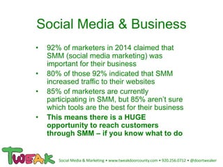 Social Media & Business
• 92% of marketers in 2014 claimed that
SMM (social media marketing) was
important for their business
• 80% of those 92% indicated that SMM
increased traffic to their websites
• 85% of marketers are currently
participating in SMM, but 85% aren’t sure
which tools are the best for their business
• This means there is a HUGE
opportunity to reach customers
through SMM – if you know what to do
Social Media & Marketing • www.tweakdoorcounty.com • 920.256.0712 • @doortweaker
 