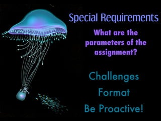 Special Requirements
     What are the
   parameters of the
     assignment?


    Challenges
      Format
   Be Proactive!
 