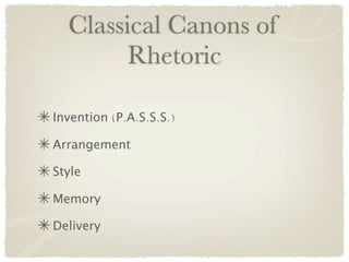 Classical Canons of
        Rhetoric

Invention (P.A.S.S.S.)

Arrangement

Style

Memory

Delivery
 