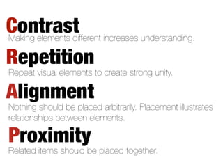 Contrast increases understanding.
Making elements different

Repetition
Repeat visual elements to create strong unity.

Al...