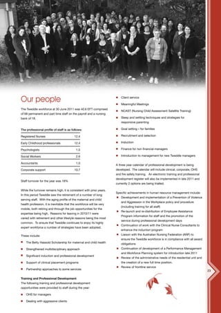 Our people                                                                Client service

                                                                          Meaningful Meetings
The Tweddle workforce at 30 June 2011 was 40.6 EFT comprised
                                                                          NCAST (Nursing Child Assessment Satellite Training)
of 68 permanent and part time staff on the payroll and a nursing
bank of 18.                                                               Sleep and settling techniques and strategies for
                                                                          responsive parenting

The professional profile of staff is as follows:                          Goal setting – for families

Registered Nurses                          12.4                           Recruitment and selection

Early Childhood professionals              12.4                           Induction

Psychologists                               1.5                           Finance for non financial managers

Social Workers                              2.6                           Introduction to management for new Tweddle managers

Accountants                                 1.0
                                                                      A three year calendar of professional development is being
Corporate support                          10.7                       developed. The calendar will include clinical, corporate, OHS
                                                                      and fire safety training. An electronic training and professional
                                                                      development register will also be implemented in late 2011 and
Staff turnover for the year was 18%
                                                                      currently 2 options are being trialled.

While the turnover remains high, it is consistent with prior years.
                                                                      Specific achievements in human resource management include:
In this period Tweddle saw the retirement of a number of long
                                                                          Development and implementation of a Prevention of Violence
serving staff. With the aging profile of the maternal and child
                                                                          and Aggression in the Workplace policy and procedure
health profession, it is inevitable that the workforce will be very
                                                                          (including training for all staff)
mobile, both retiring and through the job opportunities for the
                                                                          Re-launch and re-distribution of Employee Assistance
expertise being high. Reasons for leaving in 2010/11 were
                                                                          Program information for staff and the promotion of the
varied with retirement and other lifestyle reasons being the most
                                                                          service during professional development days
common. To ensure that Tweddle continues to enjoy its highly
                                                                          Continuation of work with the Clinical Nurse Consultants to
expert workforce a number of strategies have been adopted.
                                                                          enhance the induction program
These include:                                                            Liaison with the Australian Nursing Federation (ANF) to
                                                                          ensure the Tweddle workforce is in compliance with all award
    The Betty Hassold Scholarship for maternal and child health           obligations
    Strengthened multidisciplinary approach                               Continuation of development of a Performance Management
                                                                          and Workforce Planning system for introduction late 2011
    Significant induction and professional development
                                                                          Review of the administrative needs of the residential unit and
    Support of clinical placement programs                                the creation of a new full time position.
                                                                          Review of frontline service
    Partnership approaches to some services                                                                                                23

Training and Professional Development
The following training and professional development
opportunities were provided to staff during the year:

    OHS for managers

    Dealing with aggressive clients
 