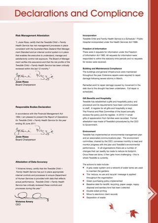 Declarations and Compliance

Risk Management Attestation                                     Incorporation
                                                                Tweddle Child and Family Health Service is a Schedule 1 Public
“I, Josie Rizza, certify that the Tweddle Child + Family        Hospital incorporated under the Health Services Act 1988.
Health Service has risk management processes in place
consistent with the Australian/New Zealand Risk Manage-         Freedom of Information
ment Standard and an internal control system is in place        There were 4 requests for information under the Freedom
that enables the executive to understand, manage and            of Information Act 1982. All requests for information were
satisfactorily control risk exposure. The Board of Manage-      responded to within the statutory time periods and no requests
ment verifies this assurance and that the risk profile of the   for review were received.
Tweddle Child + Family Health Service has been critically
reviewed within the last 12 months.”                            Building and Maintenance Compliance
                                                                The buildings and general infrastructure were maintained
                                                                throughout the year. Extensive repairs were required to repair
                                                                damage following severe storms in March.
Josie Rizza
Board Chairperson                                               Remedial work to repair damage caused by movement in the
                                                                slab due to the drought has been undertaken. Full repair is
                                                                scheduled.


                                                                Gift Benefits and Hospitality
                                                                Tweddle has established a gifts and hospitality policy and
                                                                procedure and its requirements have been communicated
Responsible Bodies Declaration                                  to staff. A register for all gifts and hospitality is kept.
                                                                The Finance and Risk Committee of the board annually
In accordance with the Financial Management Act
                                                                reviews the policy and the register. In 2010-11 small
1994, I am pleased to present the Report of Operations
                                                                gifts of appreciation from families were recorded. Formal
for Tweddle Child + Family Health Service for the year
                                                                attestation was made of Tweddle’s procedures by the CEO
ending 30 June 2011.
                                                                to Government.


                                                                Environment
                                                                Tweddle has implemented an environmental management plan
Josie Rizza                                                     and an associated communications plan. The environment
Board Chairperson
                                                                committee, chaired by the CEO, convenes monthly to lead and
                                                                monitor progress with the plan and Tweddle’s environmental
                                                                performance.     In all organisations there are a number of
                                                                changes that can readily be made to reduce its footprint.
                                                                Once these are done, it then gets more challenging – this is
                                                                where Tweddle is currently.
Attestation of Data Accuracy
                                                                The actions to date include:
“I Vivienne Amery, certify that the Tweddle Child +                 A grey water system and a network of water tanks are used
Family Health Service has put in place appropriate                  to maintain the gardens
internal controls and processes to ensure Department                The ‘reduce, re-use and recycle’ message is applied
of Human Services is provided with data that reflects               throughout the organisation
actual performance. Tweddle Child + Family Health                   Green purchasing policy implemented
Service has critically reviewed these controls and                  Baseline data for landfill, recycling, paper usage, nappy
processes during the year.”                                         disposal and sanitary bins has been collected
                                                                    Double sided printing
                                                                                                                                 27
                                                                    Move to electronic client records
                                                                    Separation of waste
Vivienne Amery
CEO
 