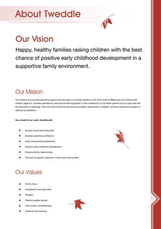 About Tweddle

Our Vision
Happy, healthy families raising children with the best
chance of positive early childhood development in a
supportive family environment.



Our Mission
Our mission is to provide parenting support and education to families residing in the north west of Melbourne and Victoria with
children aged 0-4. Families admitted for services will feel supported in their endeavours to be better parents and to cope well with
the demands of parenting. They will receive services that are accountable, responsive to research, evidence-based and subject to
national accreditation.



As a result of our work, families will:



          Acquire sound parenting skills

          Develop parenting confidence

          Enjoy the parenting experience

          Improve early childhood development

          Enhance family relationships

          Connect to support networks in their local communities




Our Values
          Family focus

          Cooperation and openness

          Respect
                                                                                                                                       1
          Treating people equally

          Community connectedness

          Creativity and learning
 