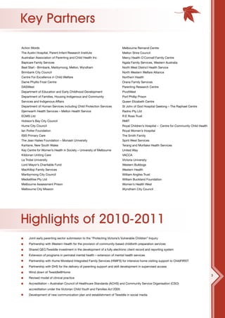 Key Partners
Action Words                                                               Melbourne Remand Centre
The Austin Hospital, Parent Infant Research Institute                      Melton Shire Council
Australian Association of Parenting and Child Health Inc                   Mercy Health O’Connell Family Centre
Baptcare Family Services                                                   Ngala Family Services, Western Australia
Best Start - Brimbank, Maribyrnong, Melton, Wyndham                        North West District Health Service
Brimbank City Council                                                      North Western Welfare Alliance
Centre For Excellence in Child Welfare                                     Northern Health
Dame Phyllis Frost Centre                                                  Orana Family Services
DASWest                                                                    Parenting Research Centre
Department of Education and Early Childhood Development                    PivotWest
Department of Families, Housing Indigenous and Community                   Port Phillip Prison
Services and Indigenous Affairs                                            Queen Elizabeth Centre
Department of Human Services including Child Protection Services           St John of God Hospital Geelong – The Raphael Centre
Djerriwarrh Health Services – Melton Health Service                        Radno Pty Ltd
ECMS Ltd                                                                   R E Ross Trust
Hobson’s Bay City Council                                                  RMIT
Hume City Council                                                          Royal Children’s Hospital – Centre for Community Child Health
Ian Potter Foundation                                                      Royal Women’s Hospital
ISIS Primary Care                                                          The Smith Family
The Jean Hailes Foundation – Monash University                             Spirit West Services
Karitane, New South Wales                                                  Terang and Mortlake Health Services
Key Centre for Women’s Health in Society – University of Melbourne         United Way
Kildonan Uniting Care                                                      VACCA
La Trobe University                                                        Victoria University
Lord Mayor’s Charitable Fund                                               Western Bulldogs
MacKillop Family Services                                                  Western Health
Maribyrnong City Council                                                   William Angliss Trust
MediaWise Pty Ltd                                                          William Buckland Foundation
Melbourne Assessment Prison                                                Women’s Health West
Melbourne City Mission                                                     Wyndham City Council




Highlights of 2010-2011
     Joint early parenting sector submission to the “Protecting Victoria’s Vulnerable Children” Inquiry
     Partnership with Western Health for the provision of community-based childbirth preparation services
     Shared QEC/Tweddle investment in the development of a fully electronic client record and reporting system
     Extension of programs in perinatal mental health – extension of mental health services
     Partnership with Hume Moreland Integrated Family Services (HMIFS) for intensive home visiting support to ChildFIRST
     Partnership with DHS for the delivery of parenting support and skill development in supervised access
     Wind down of Tweddle@Home
                                                                                                                                           3
     Revised model of clinical practice
     Accreditation – Australian Council of Healthcare Standards (ACHS) and Community Service Organisation (CSO)
     accreditation under the Victorian Child Youth and Families Act 2005
     Development of new communication plan and establishment of Tweddle in social media
 