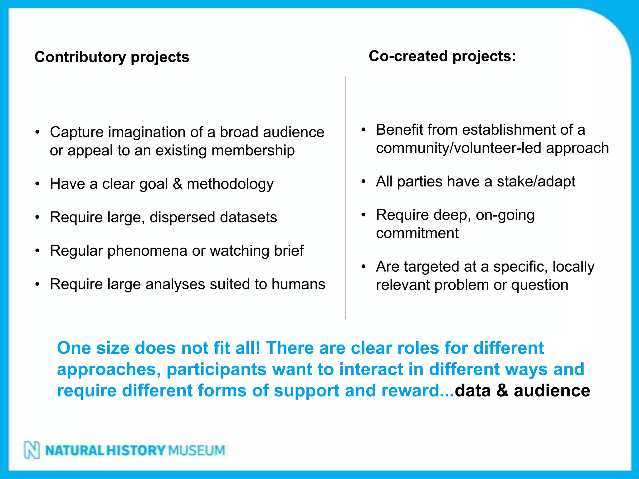 Contributory projects                        Co-created projects:



• Capture imagination of a broad audience   • Benefit from establishment of a
  or appeal to an existing membership         community/volunteer-led approach

• Have a clear goal & methodology           • All parties have a stake/adapt

• Require large, dispersed datasets         • Require deep, on-going
                                              commitment
• Regular phenomena or watching brief
                                            • Are targeted at a specific, locally
• Require large analyses suited to humans     relevant problem or question



   One size does not fit all! There are clear roles for different
   approaches, participants want to interact in different ways and
   require different forms of support and reward...data & audience
 