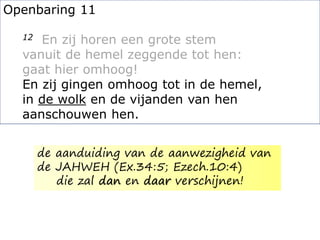Openbaring 11
12 En zij horen een grote stem
vanuit de hemel zeggende tot hen:
gaat hier omhoog!
En zij gingen omhoog tot in de hemel,
in de wolk en de vijanden van hen
aanschouwen hen.
de aanduiding van de aanwezigheid van
de JAHWEH (Ex.34:5; Ezech.10:4)
die zal dan en daar verschijnen!
 