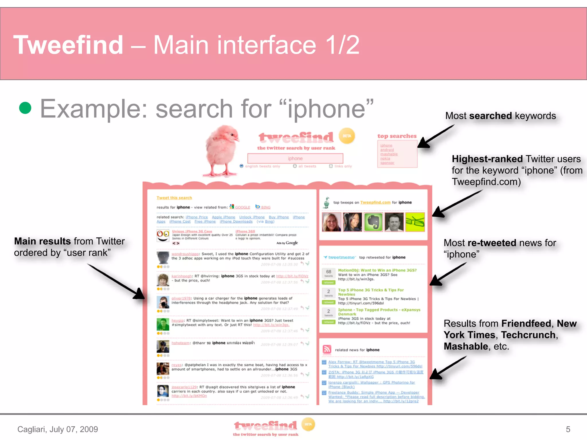 Tweefind – Main interface 1/2

     Example: search for “iphone”   Most searched keywords



                                      Highest-ranked Twitter users
                                      for the keyword “iphone” (from
                                      Tweepfind.com)




Main results from Twitter            Most re-tweeted news for
ordered by “user rank”               “iphone”




                                     Results from Friendfeed, New
                                     York Times, Techcrunch,
                                     Mashable, etc.




Cagliari, July 07, 2009                                         5
 