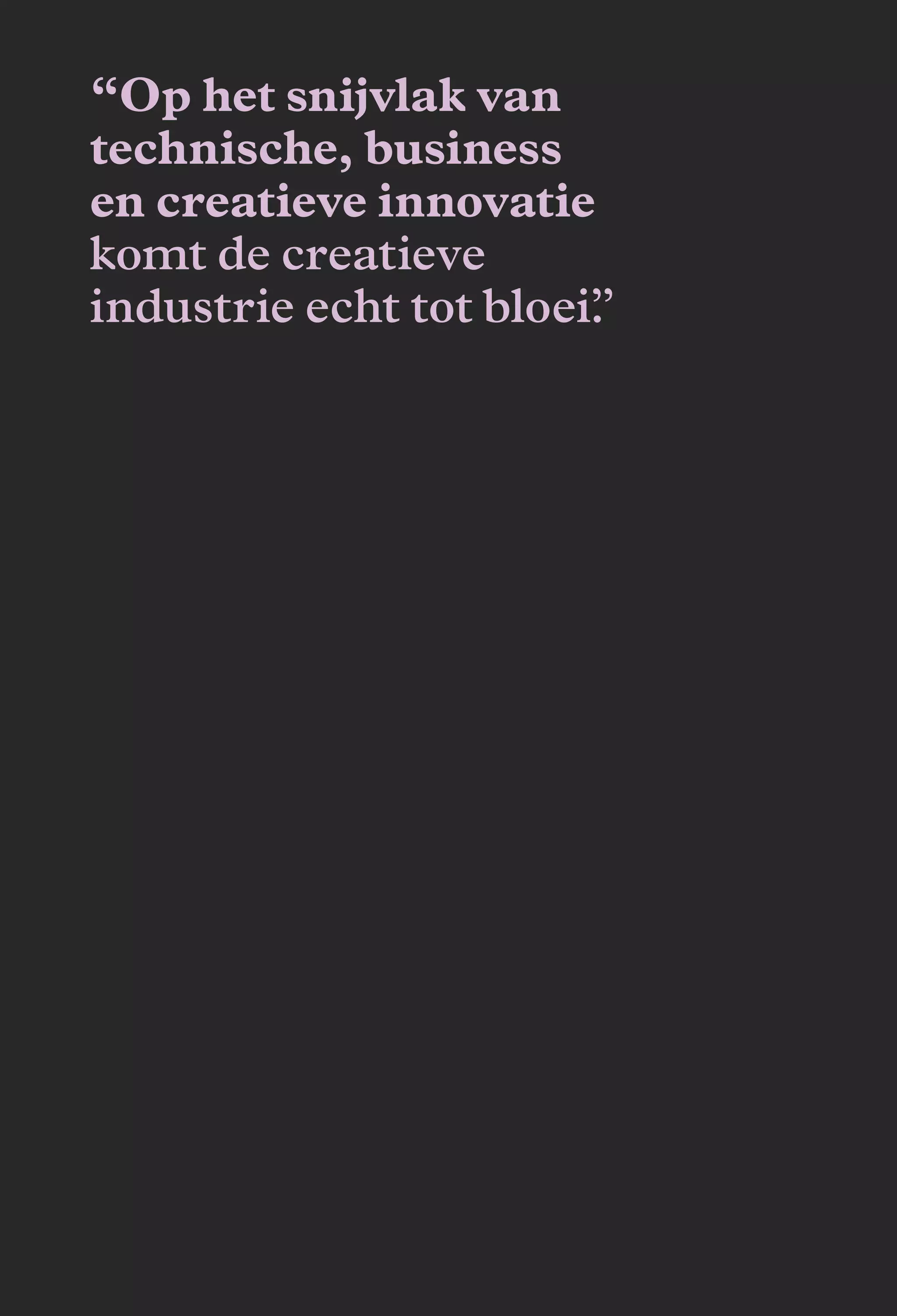 “Op het snijvlak van 
technische, business 
en creatieve innovatie 
komt de creatieve 
industrie echt tot bloei”. 

