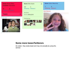 Some more tweenTwitterersAs noted,  they rarely tweet and may not actually be using the service