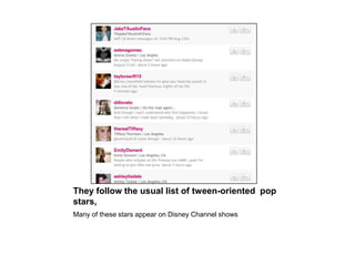 They follow the usual list of tween-oriented  pop stars,Many of these stars appear on Disney Channel shows