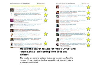 Most of the search results for “Miley Cyrus” and “DemiLovato” are coming from polls and quizzesThe results are coming fast and furious as you can see from the number of new results in the few second it took for me to take a screen shot via Skitch