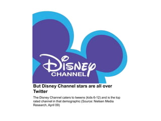 But Disney Channel stars are all over TwitterThe Disney Channel caters to tweens (kids 6-12) and is the top rated channel in that demographic (Source: Nielsen Media Research, April 09)