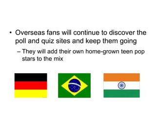 Overseas fans will continue to discover the poll and quiz sites and keep them goingThey will add their own home-grown teen pop stars to the mix