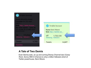 A Tale of Two DemisEven DemiLovato, an up and coming Disney Channel star (Camp Rock, Sonny With A Chance) is only a million followers short of Twitter powerhouse, Demi Moore