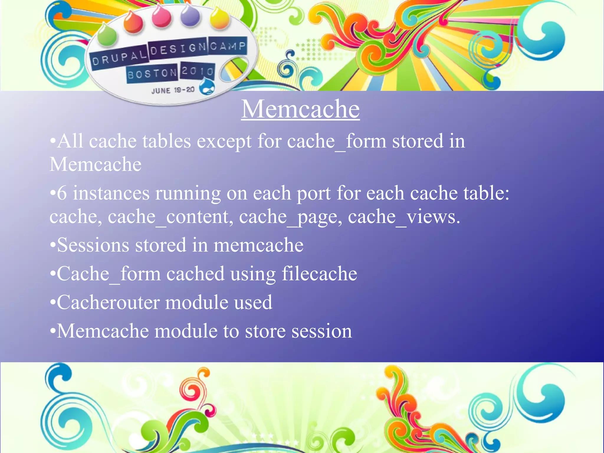Memcache All cache tables except for cache_form stored in Memcache 6 instances running on each port for each cache table: cache, cache_content, cache_page, cache_views. Sessions stored in memcache Cache_form cached using filecache Cacherouter module used Memcache module to store session 