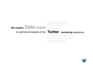We employ Datainsights
Twitter marketing experience
Content publishing
Social listening
Social selling
Campaign management
Community management
Content discovery
to optimize all aspects of the 	
  
 