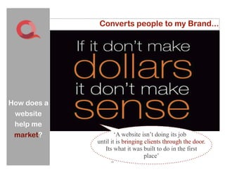 Converts people to my Brand...




How does a
 website
 help me
 market?             ‘A website isn’t doing its job
             until it is bringing clients through the door.
                Its what it was built to do in the first
                                  place’
                  11
 