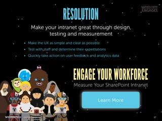 RESOLUTION
Make your intranet great through design,
testing and measurement
•	 Make the UX as simple and clear as possible
•	 Test with staff and determine their expectations
•	 Quickly take action on user feedback and analytics data
Learn More
Measure Your SharePoint Intranet
17© 2016 Webtrends, Inc.
 