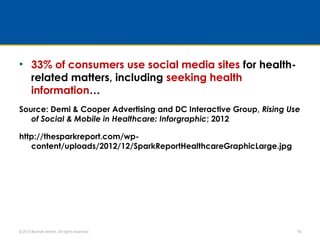 • 33% of consumers use social media sites for health-
related matters, including seeking health
information…
Source: Demi ...