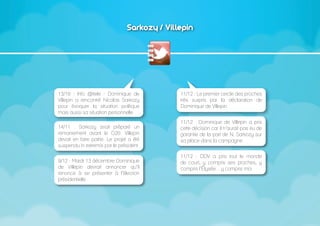 Sarkozy / Villepin




13/10 : Info @itele : Dominique de             11/12 : Le premier cercle des proches
Villepin a rencontré Nicolas Sarkozy           très surpris par la déclaration de
pour évoquer la situation politique            Dominique de Villepin
mais aussi sa situation personnelle
                                               11/12 : Dominique de Villepin a pris
14/11 : Sarkozy avait préparé un               cette décision car il n’aurait pas eu de
remaniement avant le G20. Villepin             garantie de la part de N. Sarkozy sur
devait en faire partie. Le projet a été        sa place dans la campagne
suspendu in extremis par le président

                                               11/12 : DDV a pris tout le monde
9/12 : Mardi 13 décembre Dominique             de court, y compris ses proches, y
de Villepin devrait annoncer qu’il             compris l’Élysée... y compris moi
renonce à se présenter à l’élection
présidentielle
 