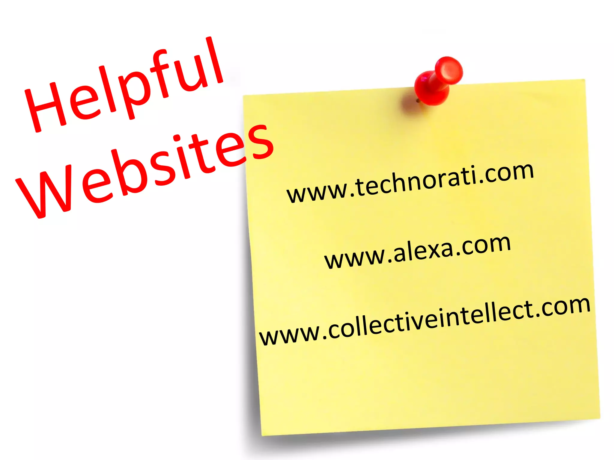 www.technorati.com www.alexa.com www.collectiveintellect.com Helpful Websites 