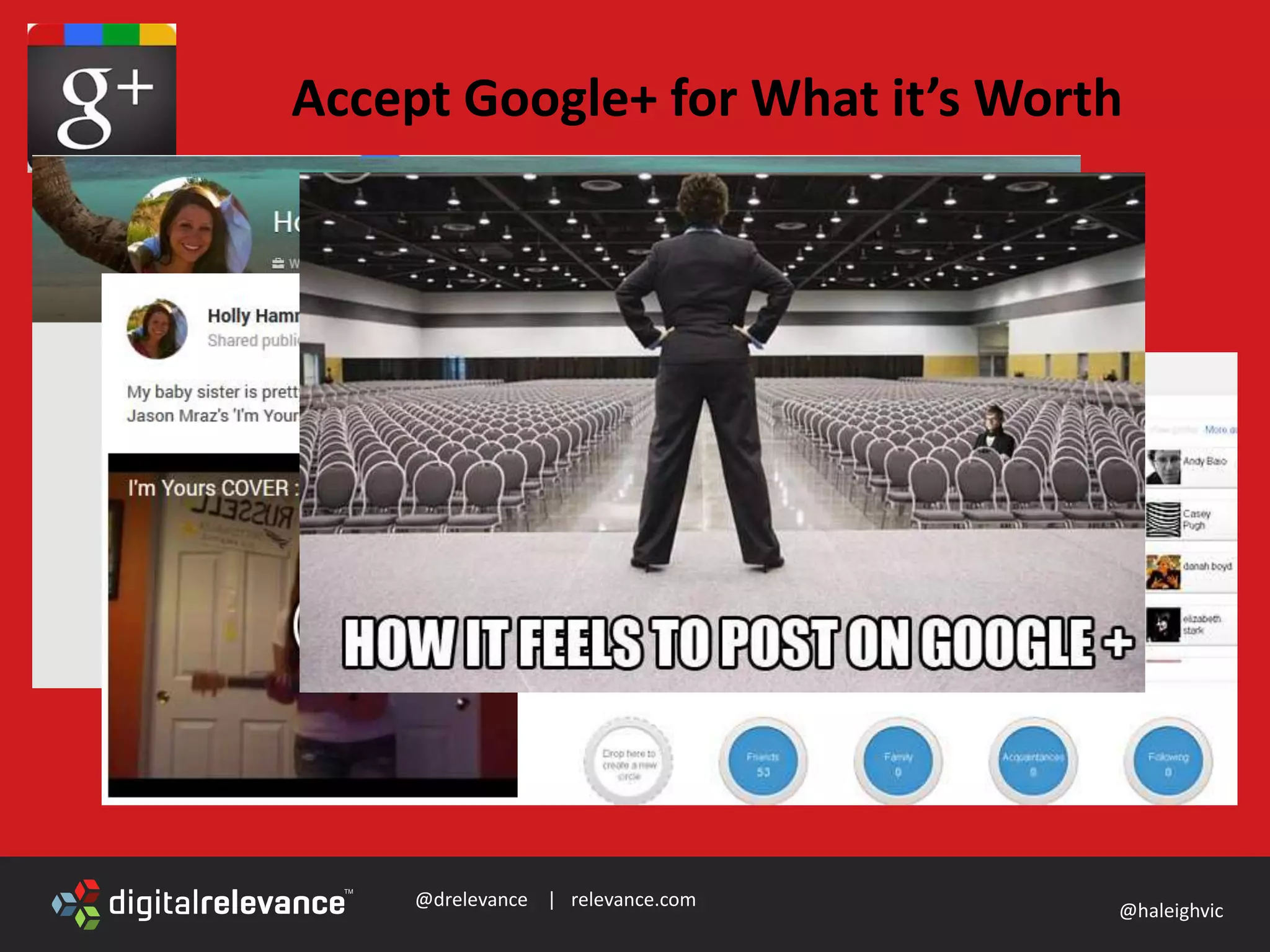@drelevance | relevance.com
@haleighvic
Accept Google+ for What it’s Worth
 