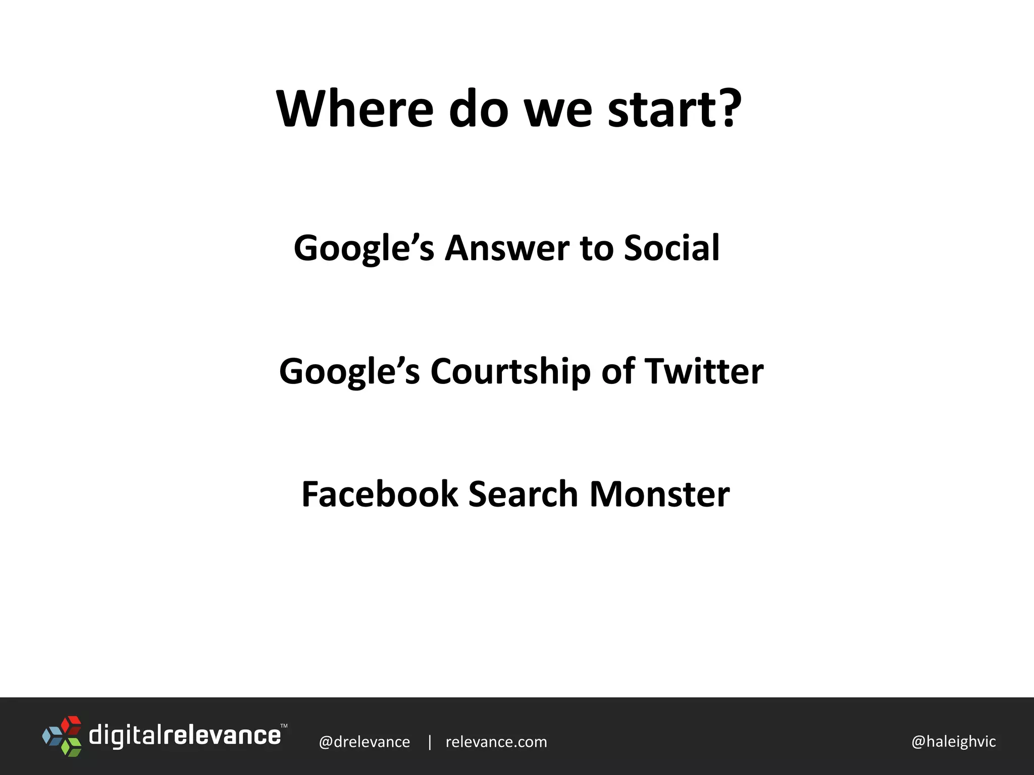 @drelevance | relevance.com @haleighvic
Where do we start?
Google’s Answer to Social
Facebook Search Monster
Google’s Courtship of Twitter
 