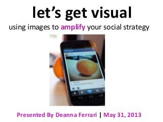 let’s get visual
using images to amplify your social strategy
Presented By Deanna Ferrari | May 31, 2013
 