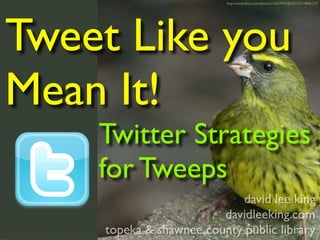 Tweet Like you
Mean It!
Twitter Strategies
for Tweeps
david lee king
davidleeking.com
topeka & shawnee county public library
http://www.flickr.com/photos/12457947@N07/2519896127/
 