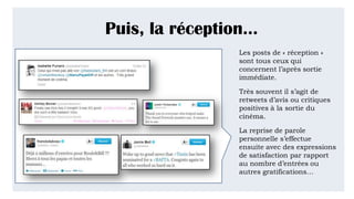 Puis, la réception…
Les posts de « réception »
sont tous ceux qui
concernent l’après sortie
immédiate.
Très souvent il s’agit de
retweets d’avis ou critiques
positives à la sortie du
cinéma.
La reprise de parole
personnelle s’effectue
ensuite avec des expressions
de satisfaction par rapport
au nombre d’entrées ou
autres gratifications…
 