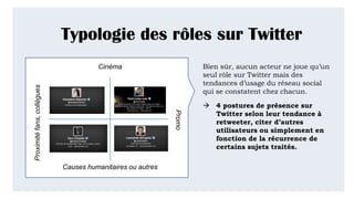 Typologie des rôles sur Twitter
Bien sûr, aucun acteur ne joue qu’un
seul rôle sur Twitter mais des
tendances d’usage du réseau social
qui se constatent chez chacun.
 4 postures de présence sur
Twitter selon leur tendance à
retweeter, citer d’autres
utilisateurs ou simplement en
fonction de la récurrence de
certains sujets traités.
Cinéma
Causes humanitaires ou autres
Proximitéfans,collègues
Promo
 