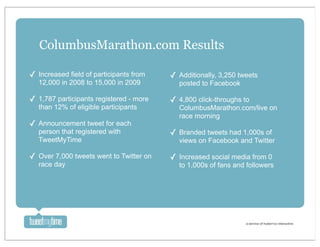 ColumbusMarathon.com Results

✓ Increased field of participants from   ✓ Additionally, 3,250 tweets
   12,000 in 2008 to 1...