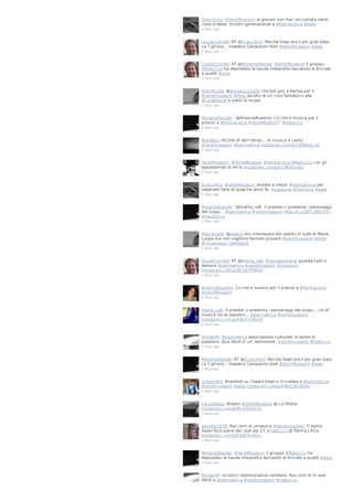 Scacchino: #VerdiMuseum ai giovani non han raccontato Verdi
cone si deve. Scontri generazionali a #ParmaLirica #Aida
2 days ago

GuglieCornelli: RT @Scacchino: Perché Siepi era il più gran bàss
ca 'l gh'era... maeatro Campanini dixit #VerdiMuseum #aida
2 days ago

GuglieCornelli: RT @MoranteDavide: #VerdiMuseum il gruppo
#Nabucco ha depredato la tavola imbandita lasciando le briciole
a quello #aida
2 days ago

RobyPuglia: @giuliana_puglia che bel giro a Parma per il
#verdimuseum #Aida ascolto di un coro fantastico alla
#coraleverdi e visite di musei
2 days ago

MoranteDavide: “@AriannaRuberto: Ciccioli e musica per il
pranzo a #ParmaLirica #VerdiMuseum” #nabucco
2 days ago

MoiraQui: Ricordi di altri tempi... di musica e canto
#verdimuseum #parmalirica instagram.com/p/f-B9BrGLce/
2 days ago

VerdiMuseum: #VerdiMuseum #ParmaLirica #Nabucco con gli
appassionati di lirica instagram.com/p/f-CMnEpoKs/
2 days ago

Scacchino: #VerdiMuseum andate a visitar #ParmaLirica per
respirare l'aria di qualche anno fa. #passione #memoria #aida
2 days ago

MoranteDavide: “@marta_ce8: Il preside ci presenta i personaggi
del luogo... #parmalirica #verdimuseum http://t.co/8FCoN5tTI5”
#naubucco
2 days ago

RobyPuglia: @aselusi ero interessata bel vestito in tulle di Maria
Luigia ma non vogliono farmelo provare #verdimuseum #Aida
#museoglaucolombardi
2 days ago

GuglieCornelli: RT @marta_ce8: #giuseppeverdi guarda tutti e
sempre #parmalirica #verdimuseum #truestory
instagram.com/p/f9_Vp7PBSH/
2 days ago

AriannaRuberto: Ciccioli e musica per il pranzo a #ParmaLirica
#VerdiMuseum
2 days ago

marta_ce8: Il preside ci presenta i personaggi del luogo... chi di
musica ne sa davvero... #parmalirica #verdimuseum
instagram.com/p/f-Bn51PBUD/
2 days ago

firmatoM: #parmalirica associazione culturale, si sente la
passione. Qua Verdi e' un' istituzione. #verdimuseum #nabucco
2 days ago

MoranteDavide: RT @Scacchino: Perché Siepi era il più gran bàss
ca 'l gh'era... maeatro Campanini dixit #VerdiMuseum #aida
2 days ago

luisagiolito: Aneddoti su Cesare Siepi e cicciolate a #parmalirica
#verdimuseum #aida instagram.com/p/f-BwCNHQsm/
2 days ago

Fangareggi: Bodoni #VerdiMuseum @ La Pilotta
instagram.com/p/f9-wS0B23J/
2 days ago

ziomike2009: Racconti di un'epoca #Verdimuseum. Il signor
Giulio fece parte del club dei 27 #nabucco @ Parma Lirica
instagram.com/p/f-Bj04nGRC/
2 days ago

MoranteDavide: #VerdiMuseum il gruppo #Nabucco ha
depredato la tavola imbandita lasciando le briciole a quello #aida
2 days ago

firmatoM: Incontri, testimonianze verdiane. Racconti di ki vive
Verdi a #parmalirica #verdimuseum #nabucco.

 