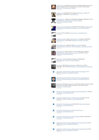 Lorenz_Cats: L'emozione non ha voce migliore della musica che
può cosi esprimersi universalmente toccando nel profondo
#BlogTour #VerdiMuseum #Otello
2 days ago

saretta_mu: Zio Maurizio che spiega il #Nabucco. Dove c'è
passione c'è emozione. #VerdiMuseum
2 days ago

VerdiMuseum: Lambrusco Parmigiano Reggiano Malvasia Ciccioli
#VerdiMuseum #ParmaLirica #SQcuoladiBlog
instagram.com/p/f9_rJYJoIZ/
2 days ago

marta_ce8: #giuseppeverdi guarda tutti e sempre #parmalirica
#verdimuseum #truestory instagram.com/p/f9_Vp7PBSH/
2 days ago

firmatoM: Per mangiare. #parmalirica. #VerdiMuseum
2 days ago

mammachetesta: Qua a #parmalirica si mangia seriamente!
#verdimuseum uber alles instagram.com/p/f9_moCvM-f/
2 days ago

MichelaZamuner: Oratorio dell'#annunziata! Partita?
#verdimuseum #blogtour #aida instagram.com/p/f9_lFnwYQf/
2 days ago

ziomike2009: Super spuntino con prodotti tipici di Parma
#Verdimuseum #parmalirica #nabucco @ Parma Lirica
instagram.com/p/f9_clEHGe_/
2 days ago

firmatoM: I verdi mangiano e bevono. Prelibatezze.
#VerdiMuseum http://t.co/6IbZWv8MWk
2 days ago

RiccardaR: RT @BarbaraCastel19: L'opera è un ascolto
culturale...altro che gli #onedirection #VerdiMuseum #blogtour
2 days ago

pieropoliti: #verdimuseum #aida #pinacotecastuard ori e
specchi instagram.com/p/f9zyU1xZEL/
2 days ago

DavideRichiardi: #blogtour #parma #aida #verdimuseum
#chiesa #santaannunziata instagram.com/p/f9_JXMpmrk/
2 days ago

RiccardaR: RT @BarbaraCastel19: Verdi era avanti #Otello era Rè
di Cipro ma era nero: oggi non siamo così a buon punto...
#blogtour #VerdiMuseum
2 days ago

pieropoliti: #verdimuseum #aida #pinacotecastuard il chiostro
instagram.com/p/f9zP3_RZDq/
2 days ago

pieropoliti: #verdimuseum #aida #steccata luogo che vai
soprano che trovi instagram.com/p/f9zQroRZDs/
2 days ago

pieropoliti: #verdimuseum in attesa alla #pinacotecastuard
instagram.com/p/f9zSytRZDt/
2 days ago

pieropoliti: #verdimuseum #aida #sanlodovico
instagram.com/p/f90yctxZFU/
2 days ago

pieropoliti: #verdimuseum #aida #pilotta lezioni fotografiche
instagram.com/p/f92iwqxZHL/
2 days ago

pieropoliti: #verdimuseum #aida #pinacotecastuard a scena
aperta instagram.com/p/f92tNTRZHa/
2 days ago

pieropoliti: #verdimuseum #aida #pinacotecastuard a scena
aperta instagram.com/p/f9225vRZHq/
2 days ago

 