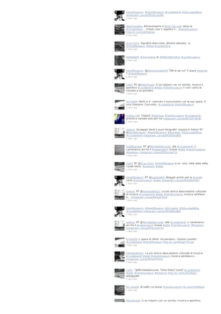 VerdiMuseum: #VerdiMuseum #CoraleVerdi #SQcuoladiBlog
instagram.com/p/f934qcpoBi/
2 days ago

lifeintravelita: Attraversiamo il #parcoducale verso la
#CoraleVerdi... chissà cosa ci aspetta li... #verdimuseum
http://t.co/1VsEfbdkeG
2 days ago

Scacchino: Squadra arancione, almeno salutare. :p
#VerdiMuseum #Aida #coraleVerdi
2 days ago

RaffaellaPi: #digranlena al #PARCODUCALE #verdimuseum
2 days ago

VerdiMuseum: @BarbaraCastel19 TVB lo sai no? Ti piace #parma
? #VerdiMuseum
2 days ago

rosfri: RT @RobyPuglia: Ci accolgono con un sorriso, musica e
aperitivo #coraleverdi #Aida #verdimuseum Il coro canta la
traviata e va pensiero
2 days ago

firmatoM: Verdi si e' costruito il monumento con le sue opere. E'
una citazione. Concordo. #coraleVerdi #VerdiMuseum
2 days ago

marta_ce8: Tappa2 #blogtour #verdimuseum #coraleverdi
pronta a cantare solo per noi instagram.com/p/f93o5FvBcB/
2 days ago

aselusi: Giuseppe Verdi è pure fotografo! Impara in fretta! RT
@VerdiMuseum: #VerdiMuseum #Armada1 #SQcuoladiBlog
#CoraleVerdi instagram.com/p/f93iOPpoBO/
2 days ago

SteAlbanese: RT @MichelaZamuner: alla #coraleverdi ci
canteranno anche il #vapensiero! Grazie #aida #verdimuseum
#blogtour instagram.com/p/f93ko3wYYI/
2 days ago

rosfri: RT @Scacchino: #VerdiMuseum e un coro, nella sede della
corale Verdi. #unanimi #aida
2 days ago

VerdiMuseum: RT @luisagiolito: Blogger pronti per la #corale
verdi #verdimuseum #aida instagram.com/p/f93OQDHQiI/
2 days ago

aselusi: RT @VanessaRota1: La più antica associazione culturale
di musica #coraleverdi #aida #verdimuseum musica verdiana
e… instagram.com/p/f93pXITbtt/
2 days ago

VerdiMuseum: #VerdiMuseum #Armada1 #SQcuoladiBlog
#CoraleVerdi instagram.com/p/f93iOPpoBO/
2 days ago

aselusi: RT @MichelaZamuner: alla #coraleverdi ci canteranno
anche il #vapensiero! Grazie #aida #verdimuseum #blogtour
instagram.com/p/f93ko3wYYI/
2 days ago

firmatoM: L opera di Verdi. Va pensiero, citazioni pizzetti
#coraleVerdi #VerdiMuseum http://t.co/nMvgEYTmxw
2 days ago

VanessaRota1: La più antica associazione culturale di musica
#coraleverdi #aida #verdimuseum musica verdiana e…
instagram.com/p/f93pXITbtt/
2 days ago

rosfri: “@MichelaZamuner: Torta fritta? Cos'è? #coraleverdi
#aida #verdimuseum #blogtour http://t.co/YtzXEO6kpj”
assaggiala
2 days ago

RiccardaR: Al baffo coi tempi #verdimuseum fb.me/2H4llObeV
2 days ago

RobyPuglia: Ci accolgono con un sorriso, musica e aperitivo

 