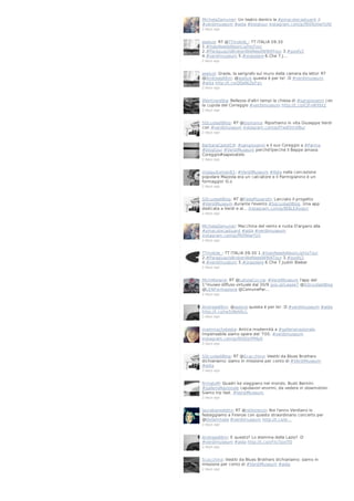 MichelaZamuner: Un teatro dentro la #pinacotecastuard ;)
#verdimuseum #aida #blogtour instagram.com/p/f90RzVwYUN/
2 days ago

aselusi: RT @TTmobile_: TT ITALIA 09:30
1.#ItalyNeedsNeonLightsTour
2.#ParaguayIsBrokenWeNeedWWATour 3.#goofy2
4.#verdimuseum 5.#orasolare 6.Che 7.J…
2 days ago

aselusi: Grazie, la serigrafo sul muro della camera da letto! RT
@Andreas86m: @aselusi questa è per te! :D #verdimuseum
#aida http://t.co/QQaNJZpFgc
2 days ago

lifeintravelita: Bellezza d'altri tempi la chiesa di #sangiovanni con
la cupola del Correggio #verdimuseum http://t.co/lCiFvWXbt2
2 days ago

SQcuoladiBlog: RT @bismama: Riportiamo in vita Giuseppe Verdi
con #verdimuseum instagram.com/p/f7w85tnVBu/
2 days ago

BarbaraCastel19: #sangiovanni e il suo Coreggio a #Parma
#blogtour #VerdiMuseum perché?perché il Beppe amava
Coreggio#sapevatelo
2 days ago

mosquitoman81: #VerdiMuseum #Aida nella concezione
popolare Mazzola era un calciatore e il Parmigianino è un
formaggio! O.o
2 days ago

SQcuoladiBlog: RT @FedePizzarotti: Lanciato il progetto
#VerdiMuseum durante l'evento #SqcuoladiBlog. Una app
dedicata a Verdi e al… instagram.com/p/f8BLEAxzpr/
2 days ago

MichelaZamuner: Macchina del vento e ruota D'argano alla
#pinacotecastuard #aida #verdimuseum
instagram.com/p/f90NiiwYUI/
2 days ago

TTmobile_: TT ITALIA 09:30 1.#ItalyNeedsNeonLightsTour
2.#ParaguayIsBrokenWeNeedWWATour 3.#goofy2
4.#verdimuseum 5.#orasolare 6.Che 7.Justin Bieber
2 days ago

MichMorand: RT @LetiziaCoccia: #VerdiMuseum l'app del
1°museo diffuso virtuale dal 30/9 goo.gl/Leqee7 @SQcuoladiBlog
@LENFormazione @ComunePar…
2 days ago

Andreas86m: @aselusi questa è per te! :D #verdimuseum #aida
http://t.co/Iw5tBeVAcL
2 days ago

mammachetesta: Antica modernità a #gallerianazionale.
Impensabile siamo opere del '700. #verdimuseum
instagram.com/p/f90EbYPMyf/
2 days ago

SQcuoladiBlog: RT @Scacchino: Vestiti da Blues Brothers
dichiariamo: siamo in missione per conto di #VerdiMuseum
#aida
2 days ago

firmatoM: Quadri ke viaggiano nel mondo. Busti Bernini.
#galleriaNazionale capolavori enormi, da vedere in slowmotion.
Siamo trp fast. #VerdiMuseum
2 days ago

laurabenedetto: RT @ridilorenzo: Noi l'anno Verdiano lo
festeggiamo a Firenze con questo straordinario concerto per
@OxfamItalia #verdimuseum http://t.co/w…
2 days ago

Andreas86m: E questo? Lo stemma della Lazio? :D
#verdimuseum #aida http://t.co/vFIU7pxiTO
2 days ago

Scacchino: Vestiti da Blues Brothers dichiariamo: siamo in
missione per conto di #VerdiMuseum #aida
2 days ago

 